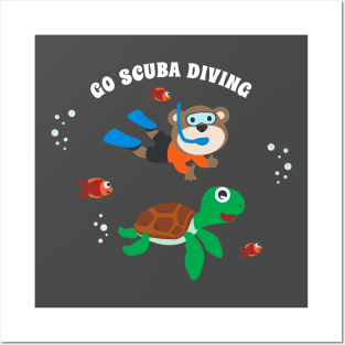 Diving with funny bear and turtle with cartoon style Posters and Art